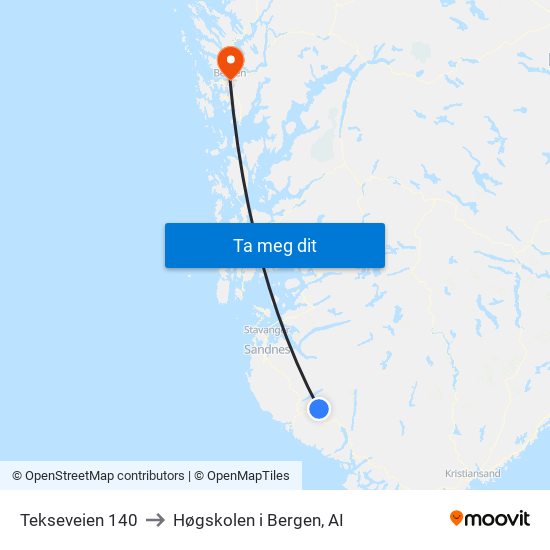 Tekseveien 140 to Høgskolen i Bergen, AI map