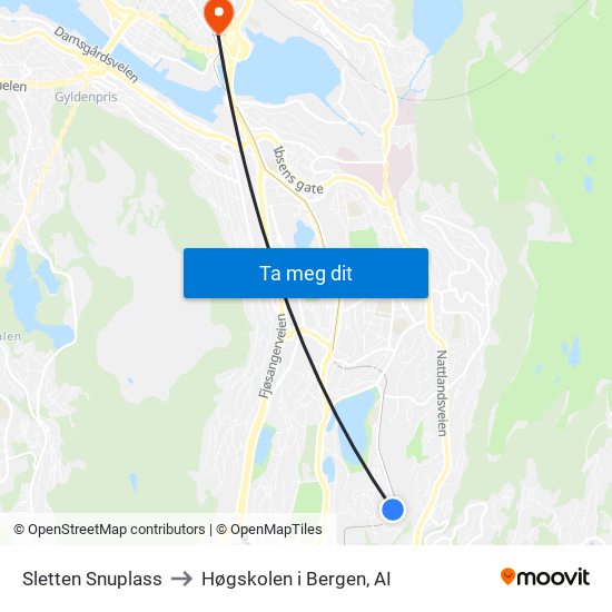 Sletten Snuplass to Høgskolen i Bergen, AI map