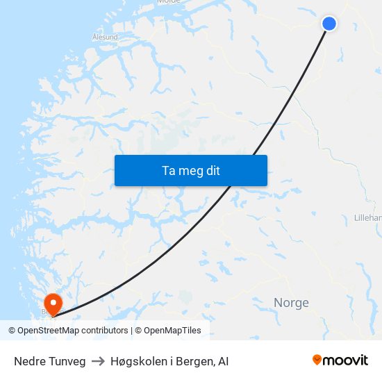 Nedre Tunveg to Høgskolen i Bergen, AI map