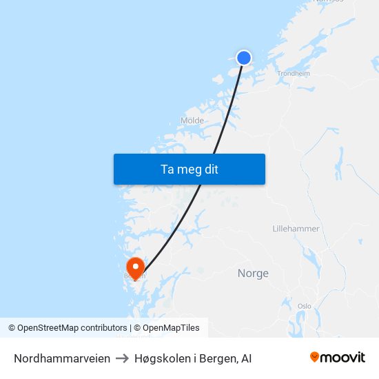 Nordhammarveien to Høgskolen i Bergen, AI map