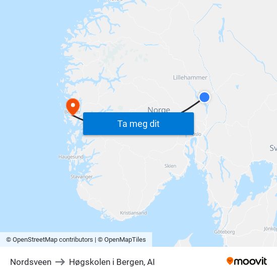 Nordsveen to Høgskolen i Bergen, AI map