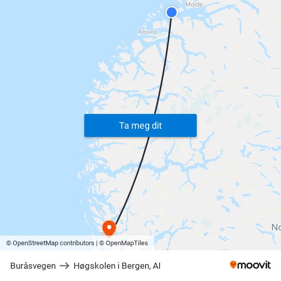 Buråsvegen to Høgskolen i Bergen, AI map