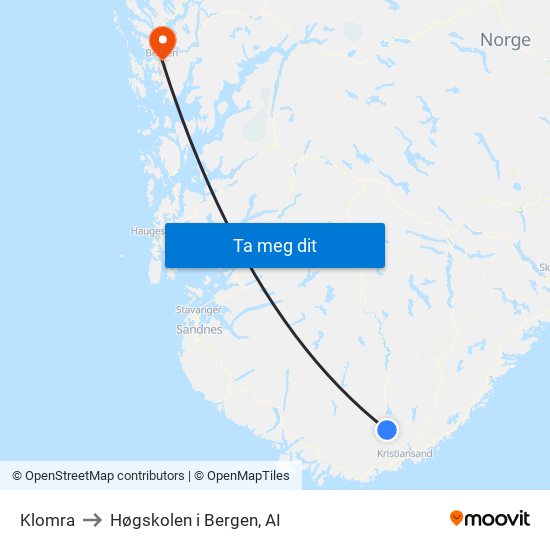Klomra to Høgskolen i Bergen, AI map