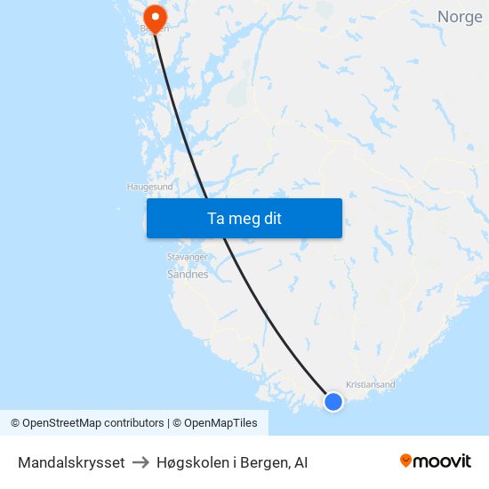 Mandalskrysset to Høgskolen i Bergen, AI map