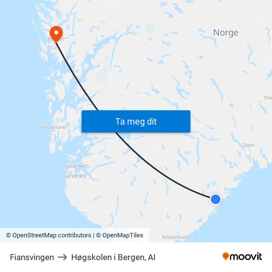 Fiansvingen to Høgskolen i Bergen, AI map