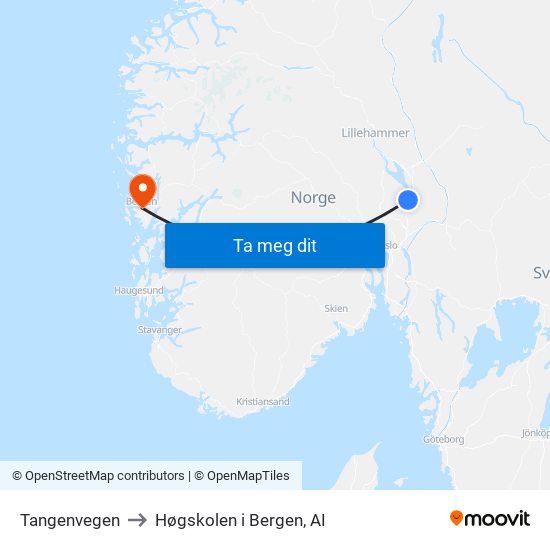 Tangenvegen to Høgskolen i Bergen, AI map