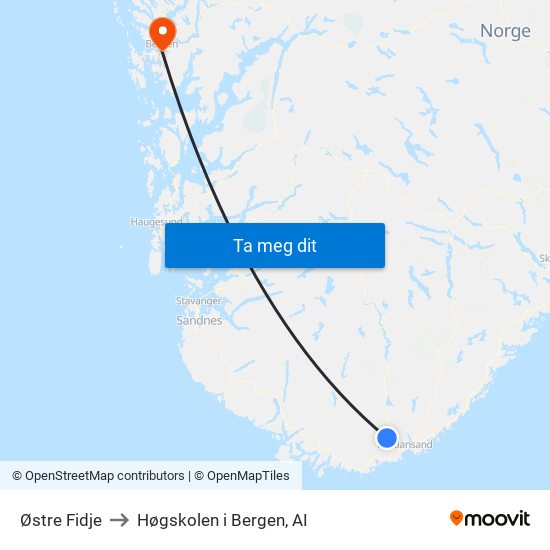 Østre Fidje to Høgskolen i Bergen, AI map