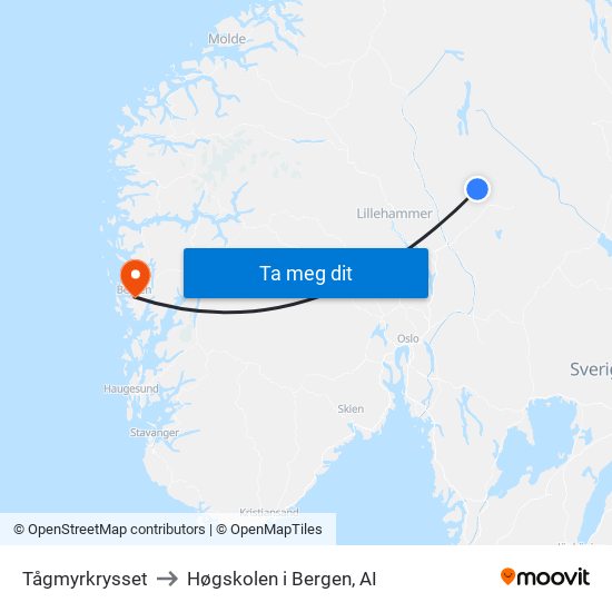 Tågmyrkrysset to Høgskolen i Bergen, AI map