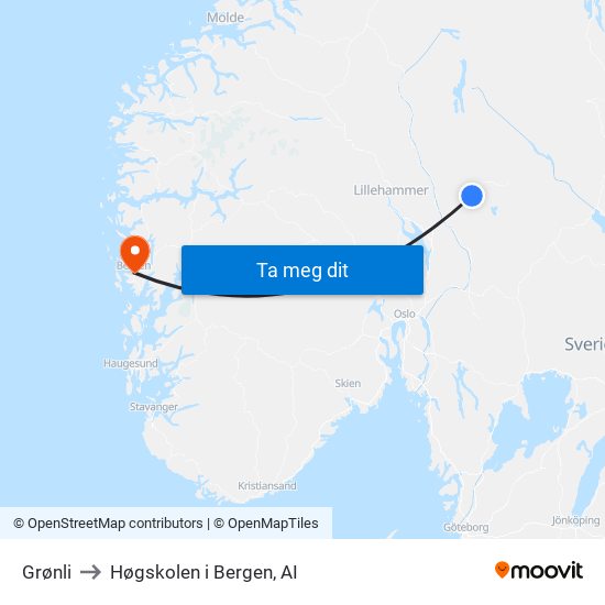 Grønli to Høgskolen i Bergen, AI map