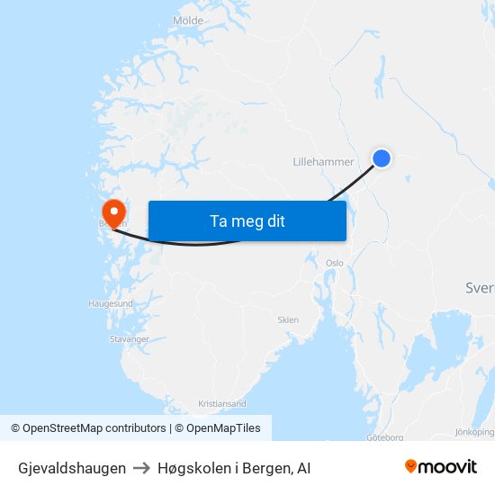 Gjevaldshaugen to Høgskolen i Bergen, AI map