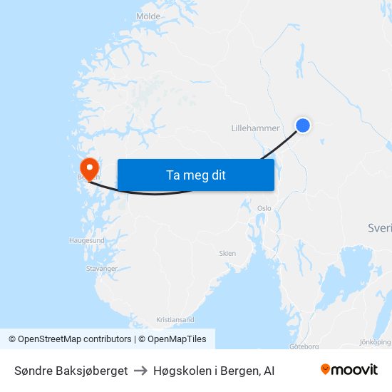 Søndre Baksjøberget to Høgskolen i Bergen, AI map