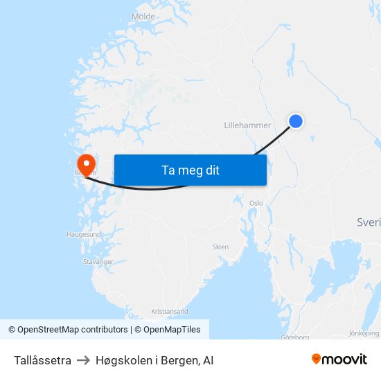 Tallåssetra to Høgskolen i Bergen, AI map