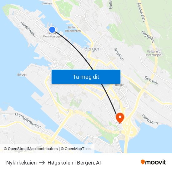 Nykirkekaien to Høgskolen i Bergen, AI map