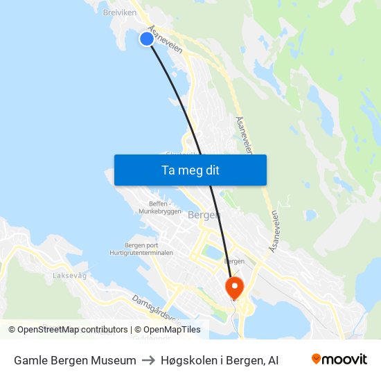 Gamle Bergen Museum to Høgskolen i Bergen, AI map