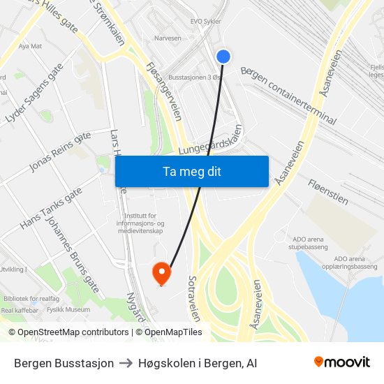 Bergen Busstasjon to Høgskolen i Bergen, AI map
