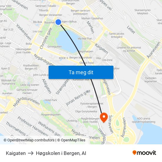 Kaigaten to Høgskolen i Bergen, AI map