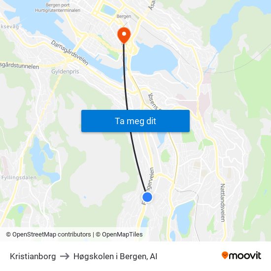 Kristianborg to Høgskolen i Bergen, AI map