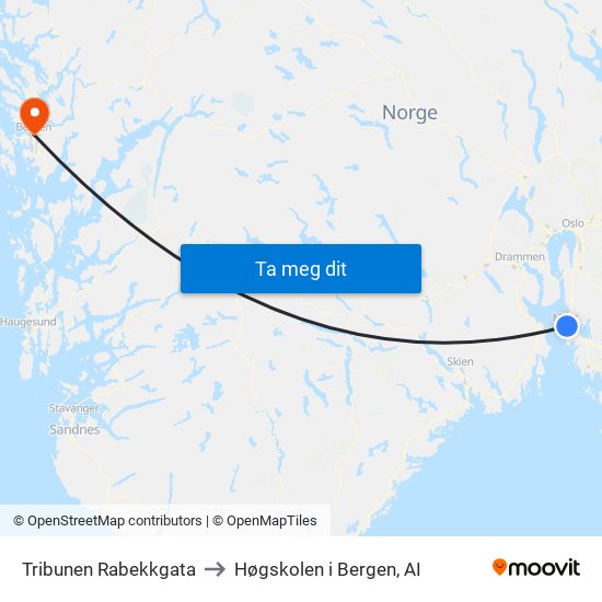 Tribunen Rabekkgata to Høgskolen i Bergen, AI map