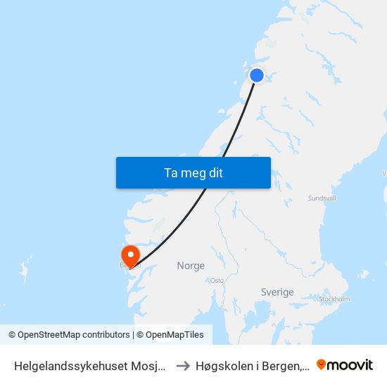 Helgelandssykehuset Mosjøen to Høgskolen i Bergen, AI map