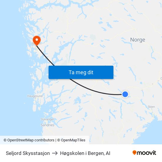 Seljord Skysstasjon to Høgskolen i Bergen, AI map