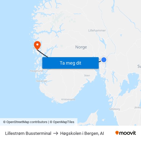 Lillestrøm Bussterminal to Høgskolen i Bergen, AI map