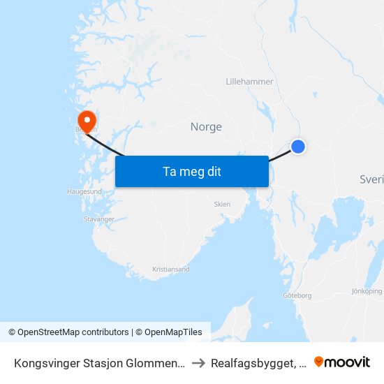 Kongsvinger Stasjon Glommengata to Realfagsbygget, UiB map
