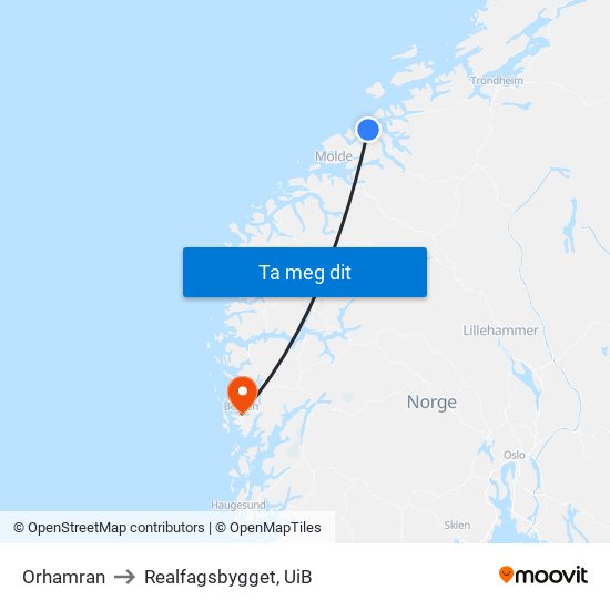 Orhamran to Realfagsbygget, UiB map