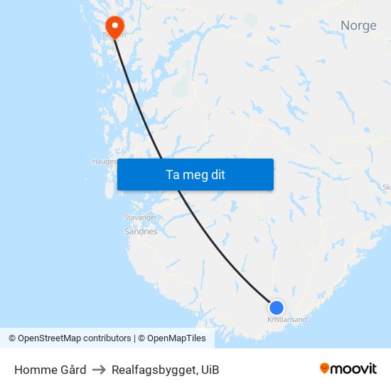 Homme Gård to Realfagsbygget, UiB map