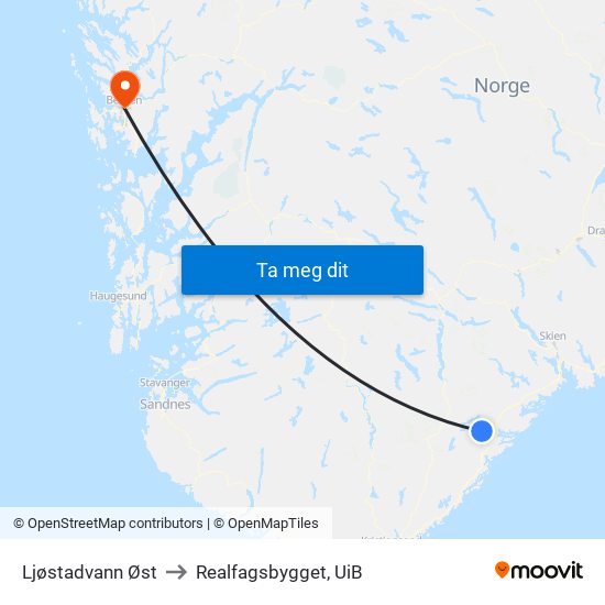Ljøstadvann Øst to Realfagsbygget, UiB map
