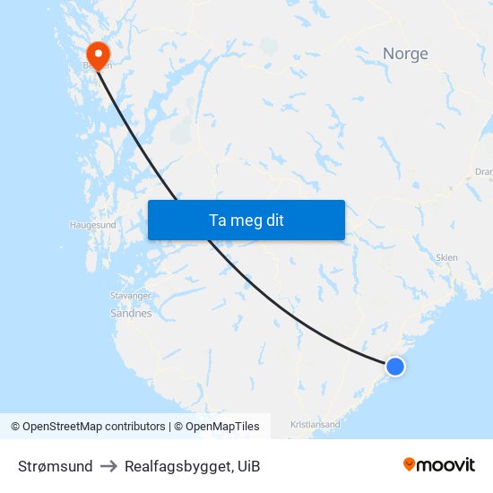 Strømsund to Realfagsbygget, UiB map