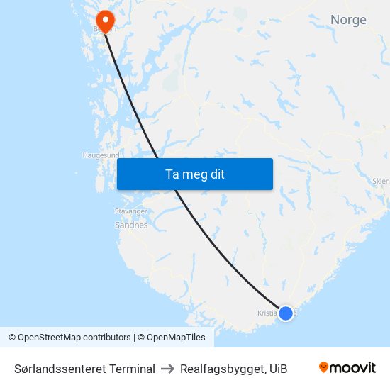 Sørlandssenteret Terminal to Realfagsbygget, UiB map