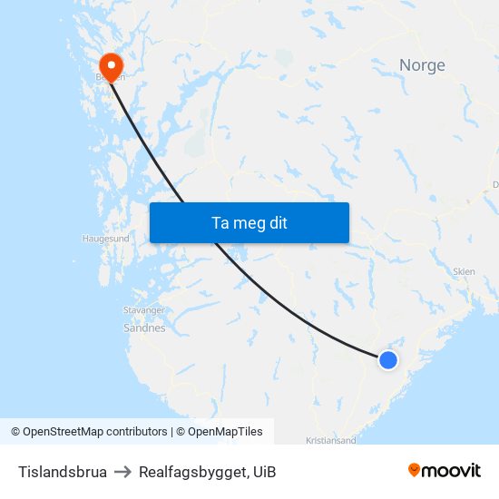 Tislandsbrua to Realfagsbygget, UiB map