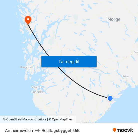 Arnheimsveien to Realfagsbygget, UiB map