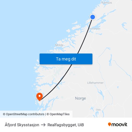 Åfjord Skysstasjon to Realfagsbygget, UiB map