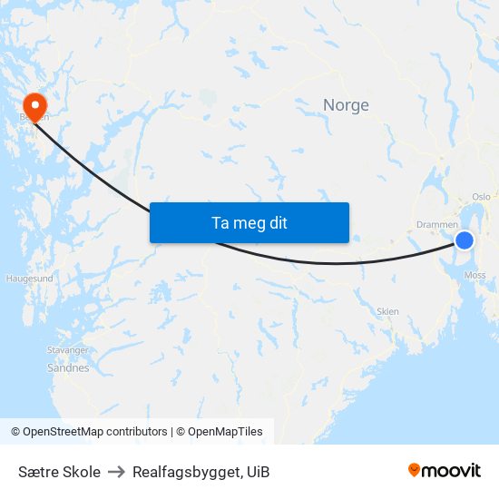 Sætre Skole to Realfagsbygget, UiB map