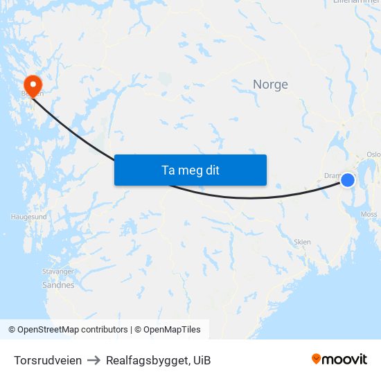 Torsrudveien to Realfagsbygget, UiB map