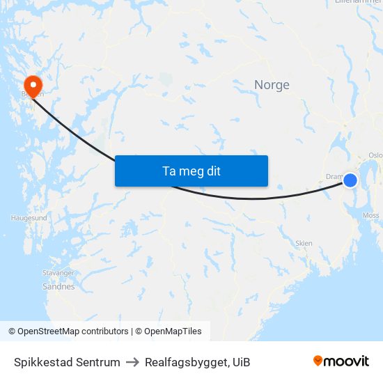 Spikkestad Sentrum to Realfagsbygget, UiB map