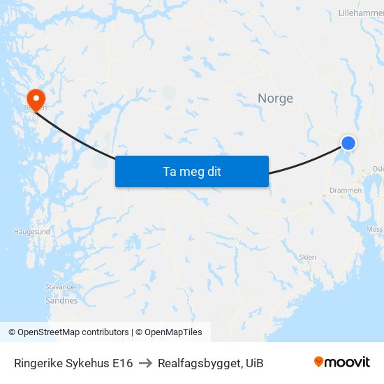 Ringerike Sykehus E16 to Realfagsbygget, UiB map