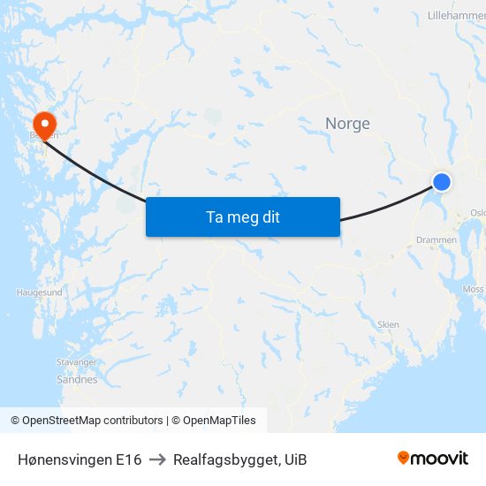 Hønensvingen E16 to Realfagsbygget, UiB map