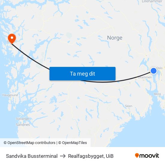 Sandvika Bussterminal to Realfagsbygget, UiB map