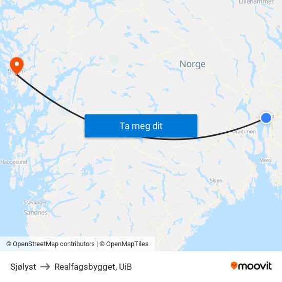 Sjølyst to Realfagsbygget, UiB map