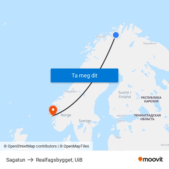 Sagatun to Realfagsbygget, UiB map