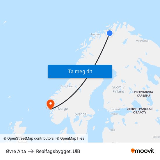Øvre Alta to Realfagsbygget, UiB map