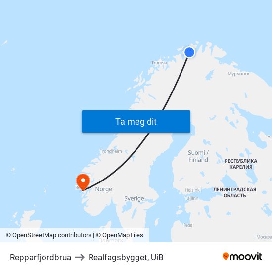 Repparfjordbrua to Realfagsbygget, UiB map
