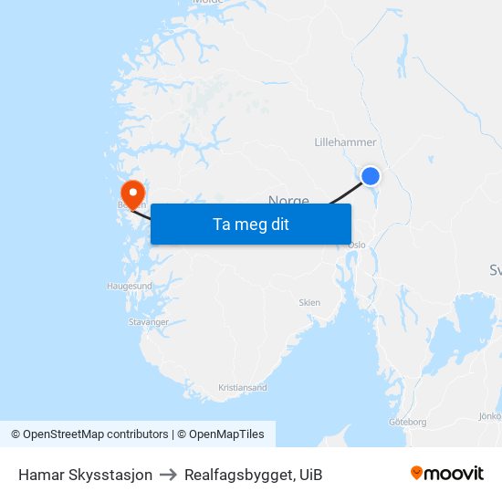 Hamar Skysstasjon to Realfagsbygget, UiB map