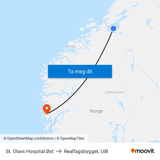 St. Olavs Hospital Øst to Realfagsbygget, UiB map