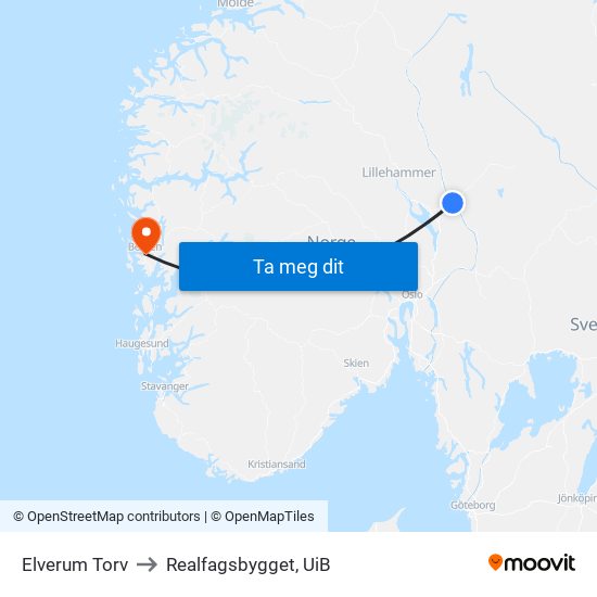 Elverum Torv to Realfagsbygget, UiB map
