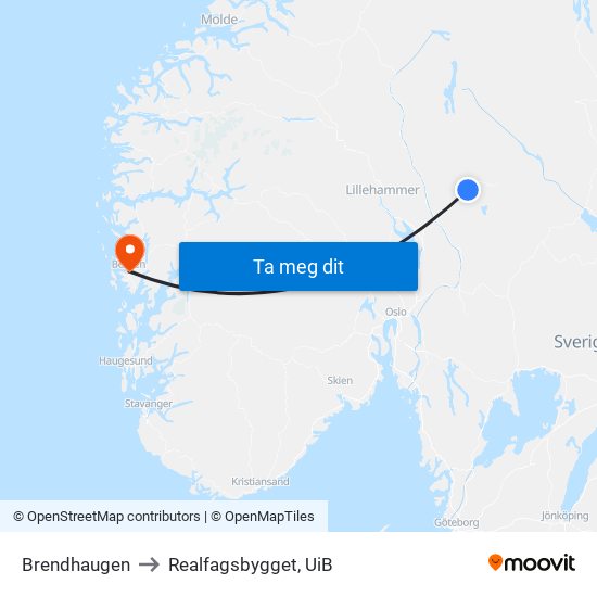Brendhaugen to Realfagsbygget, UiB map