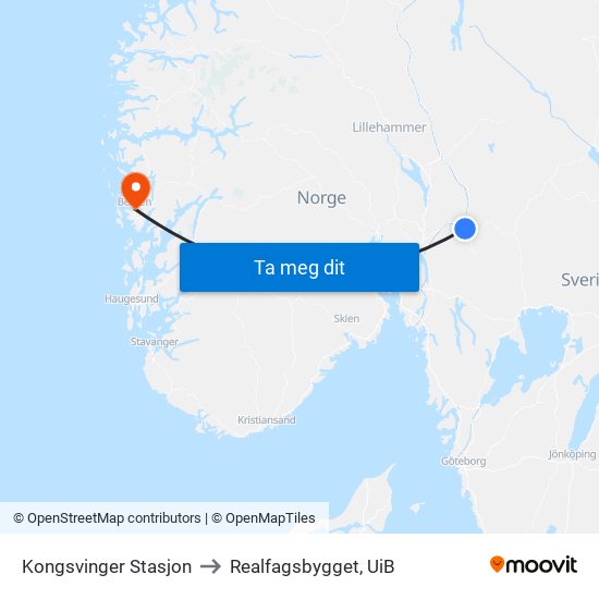Kongsvinger Stasjon to Realfagsbygget, UiB map