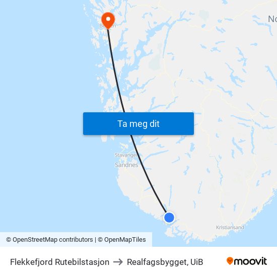 Flekkefjord Rutebilstasjon to Realfagsbygget, UiB map